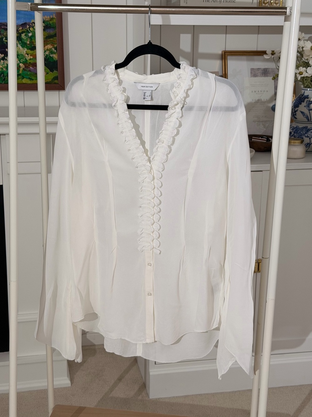 H&M White Ruffle V-Neck Long Sleeve Blouse